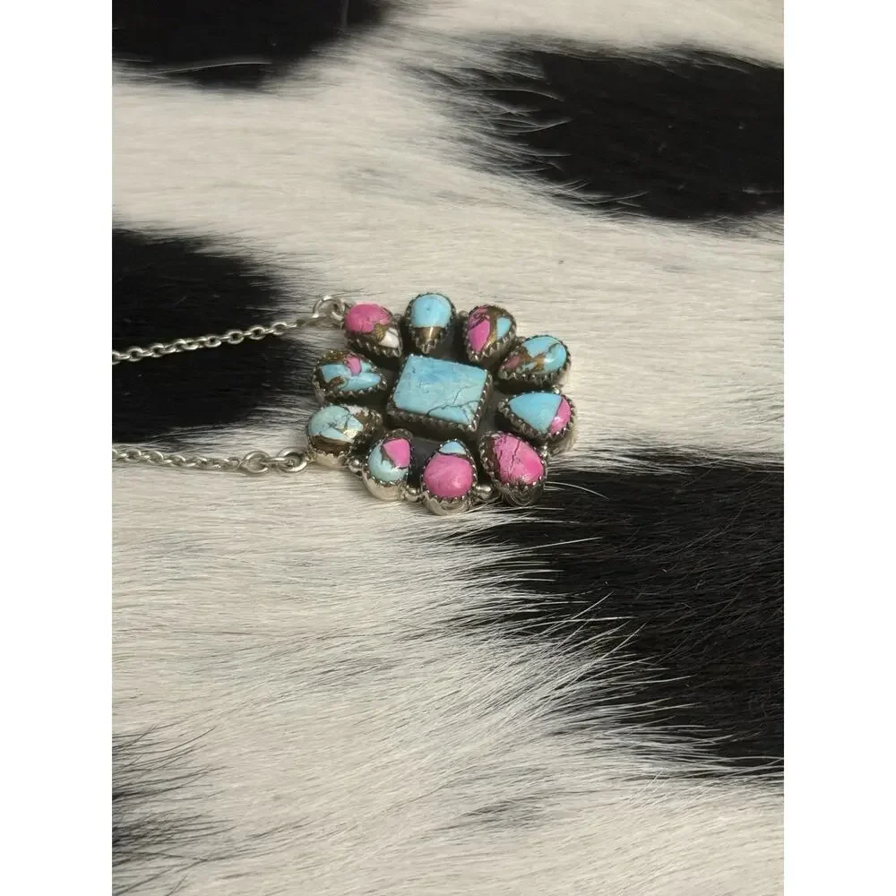 Native Southwest Sterling Silver Cotton Candy Turquoise Cluster Pendant Necklace